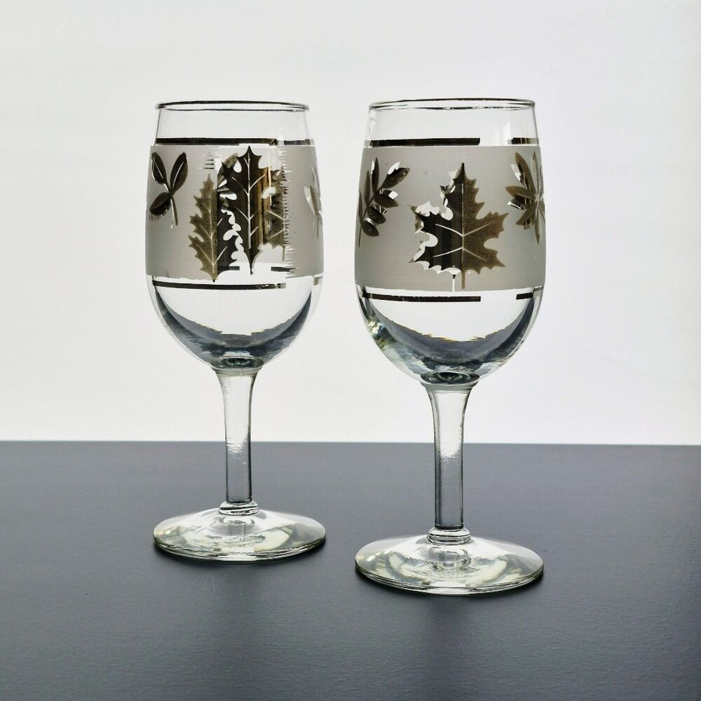 Vintage Libby Glass Silver Leaf Wine Glass SET Frosted Tulip Shape USA c1953-78